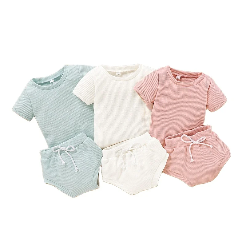 

NewbornToddler Girls Waffle Cotton Top Draw String Short Clothing Set Baby Girl Summer Outfits, Photo showed and customized color
