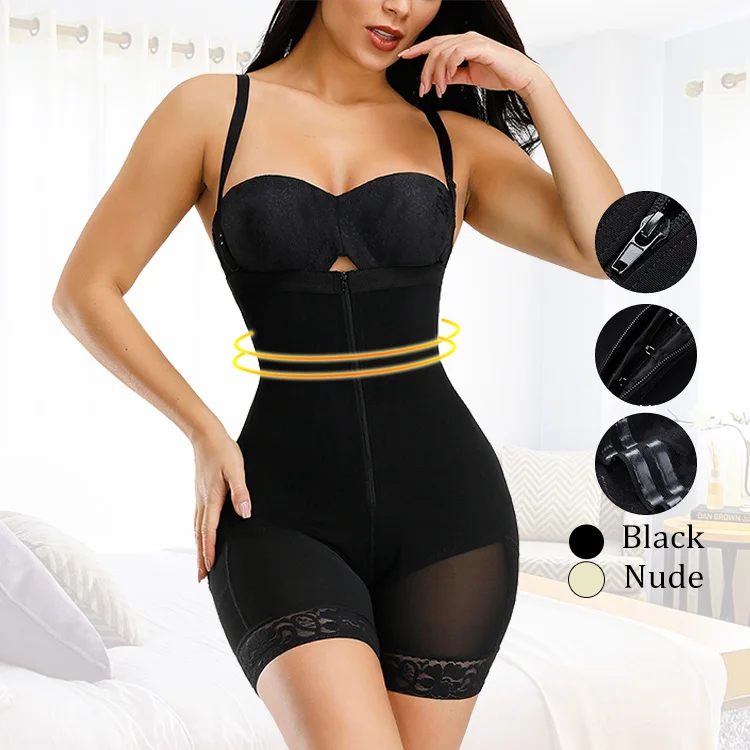 

New Black Spandex Adjustable Hooks Tummy Control Zipper Front Women Slim Body Shaper Shapewear Bodysuit, As show