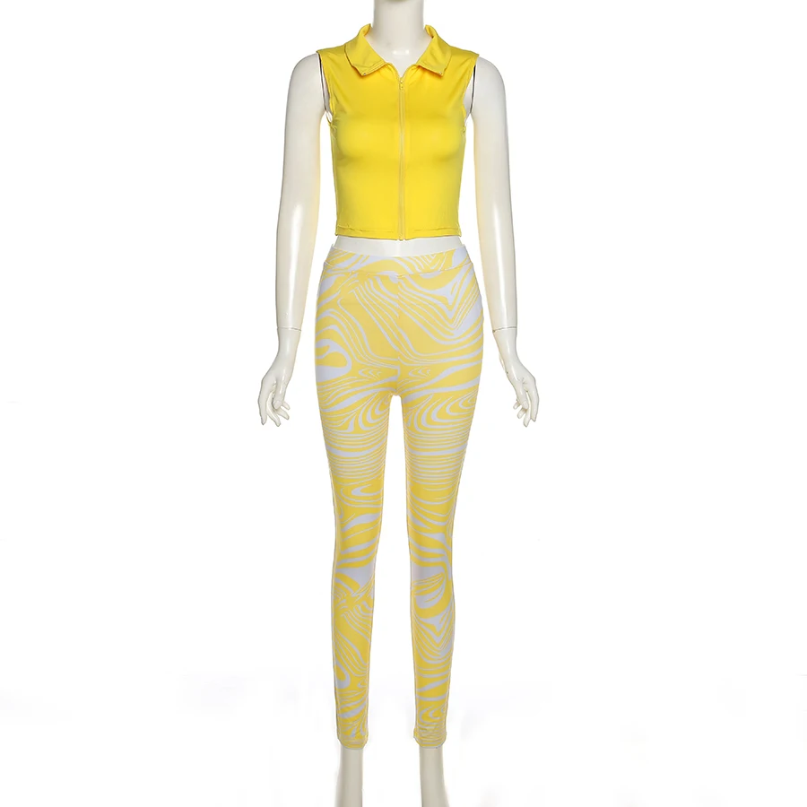 

Elastic Waist Suit Two Piece Pants Set Sleeveless Zipper Crop Top + Legging 2 Piece Set Women Clothing, Yellow