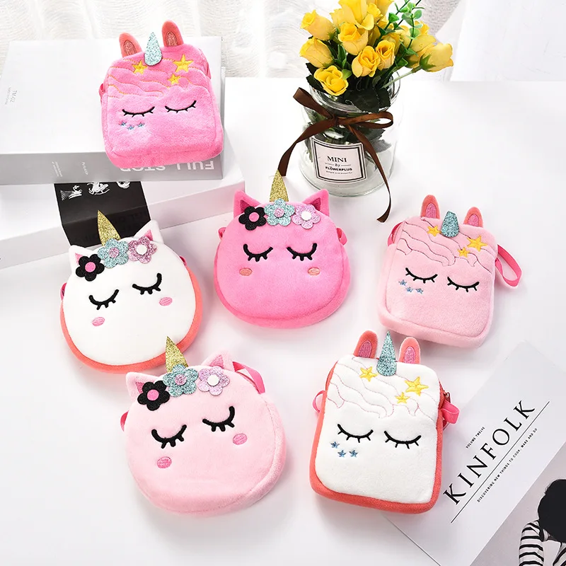 

Cartoon unicorn plush shoulder bag cute personalized coin purse girl mobile phone kids little girl purses kids, Customizable