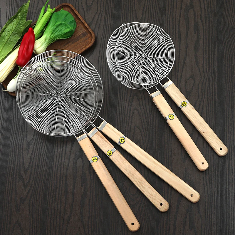 

Food grade noodle pasta strainer fine wire mesh strainer with wooden handle stainless steel strainer, Silver