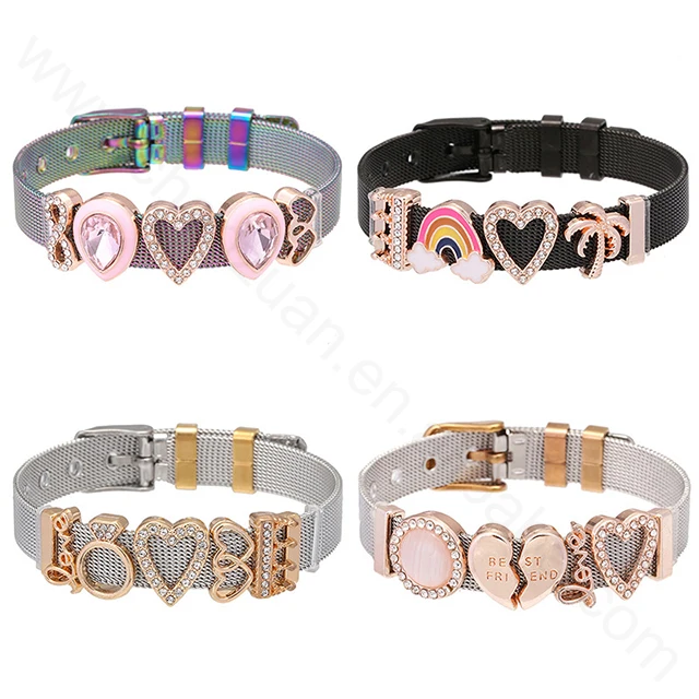

New arrival women stainless steel jewelry adjustable rhinestone slide letters and charms mesh bracelets, Silver, gold,rose gold plating