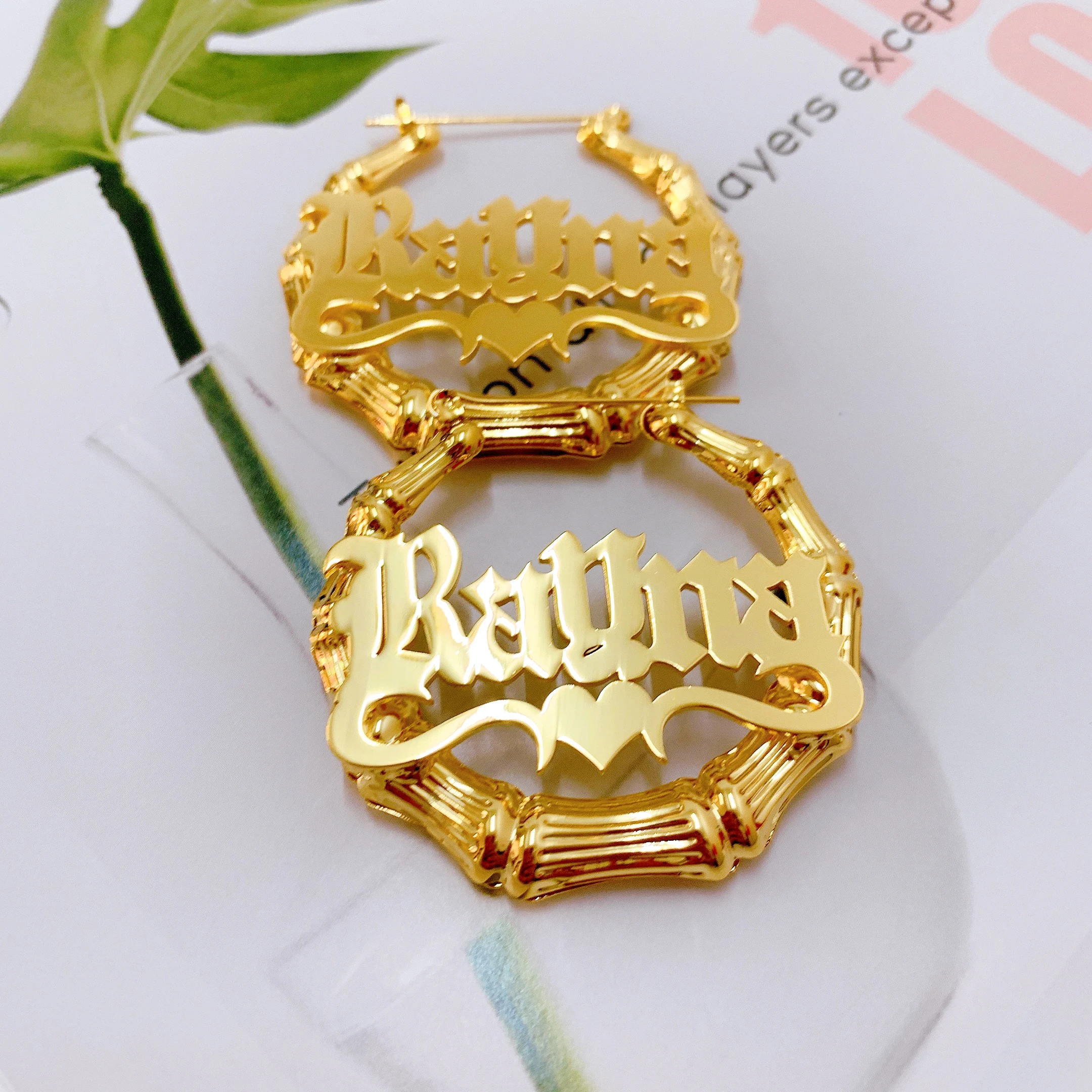 

Color Gold Hoop Custom Name Stainless Steel Wholesale Rattan Heart Shape Fashion Large Square Style 14k Big Bamboo Earrings, Gold/rose gold/ silver