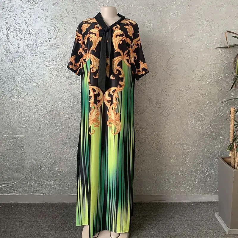 

women dress plus size fashion V-neck knot collar full sleeve printing muslim long dress