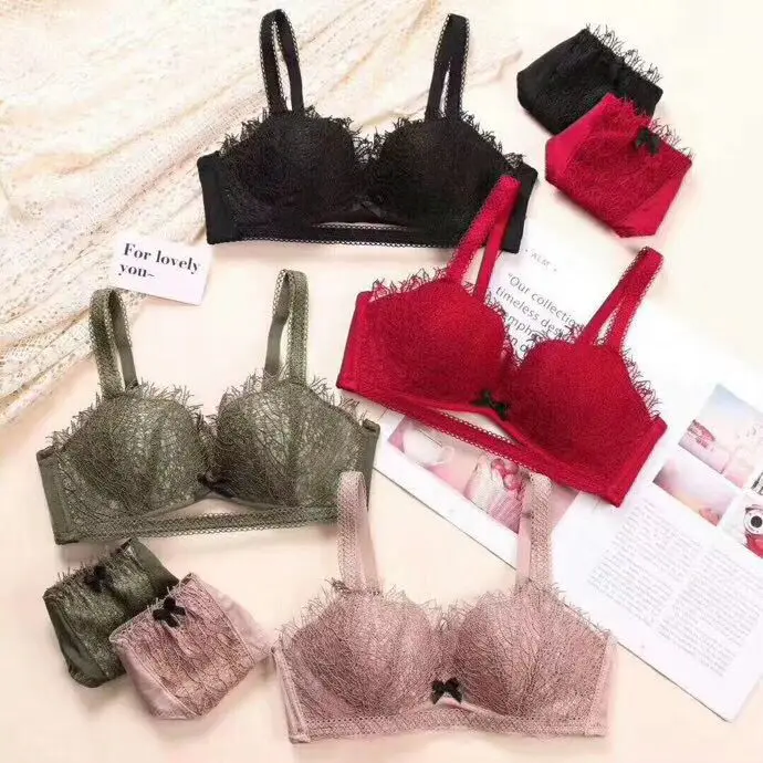 French Embroidered lace push up bra fashion lady lace bra panty set eyelash lace underwear sexy women wireless brassier