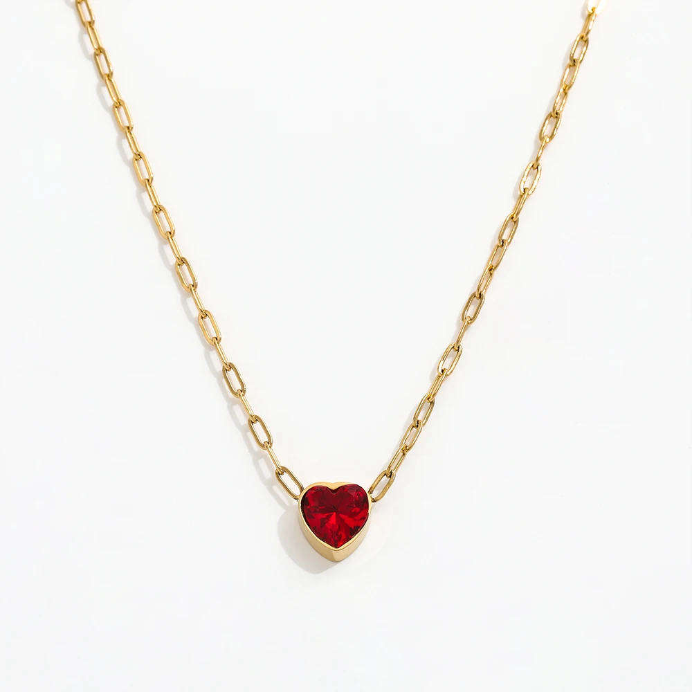 JOOLIM Ready to Ship High End Stainless Steel Shinny Dainty Red Heart Zircoia Pendant Necklace 18K Gold Plated Jewelry Wholesale