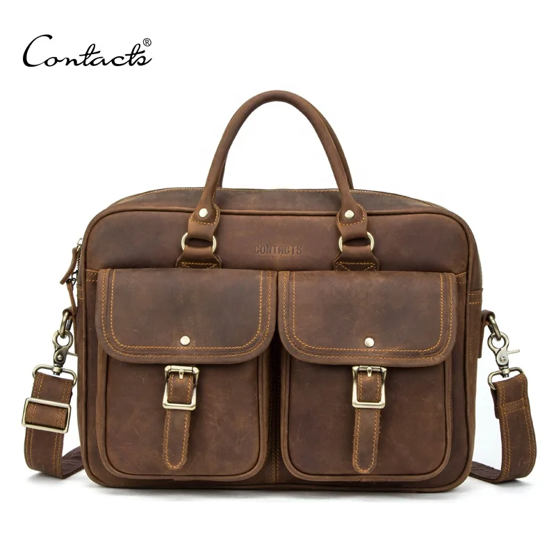 

Contact's multifunction big capacity vintage crazy horse leather men's office latch briefcase 16 inch laptop business bag