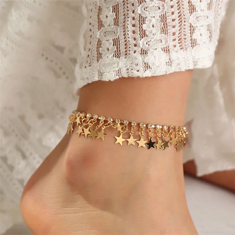 

Cross-Border Fashion Jewelry Simple Personality Five-Pointed Star Pendant Anklet Female Shiny Diamond Foot Ornament, Silver,gold