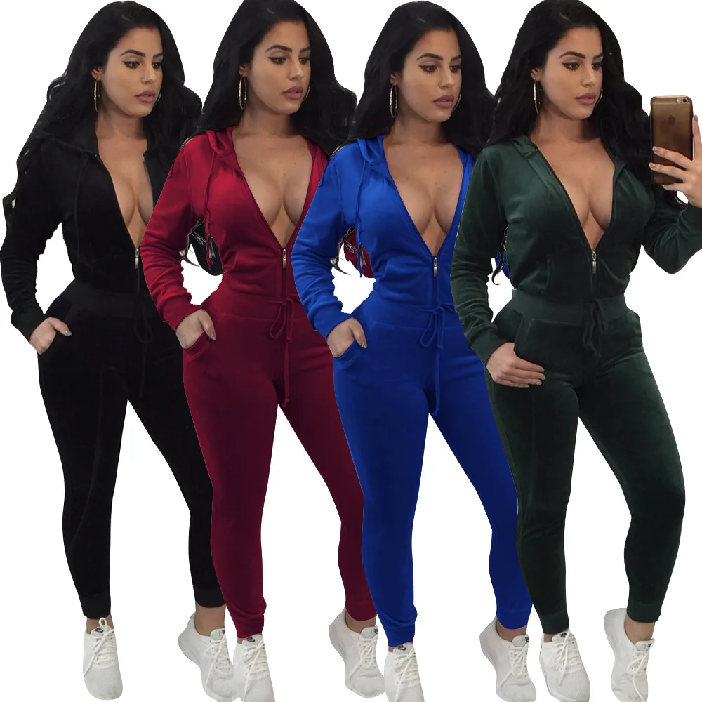 

Garment manufacturer new satin silk deep v-neck women's fashion sport jumpsuit zip-up hoodie top and trousers two-piece suit