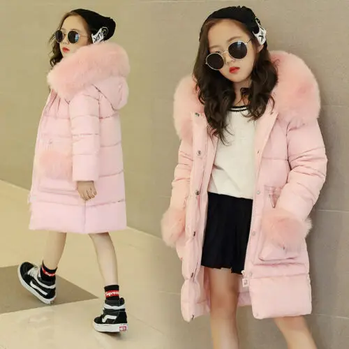 

Girls Kids Cotton Padded Quilted Coat Jacket Puffer Fur Hooded Long Thick Parka Winter