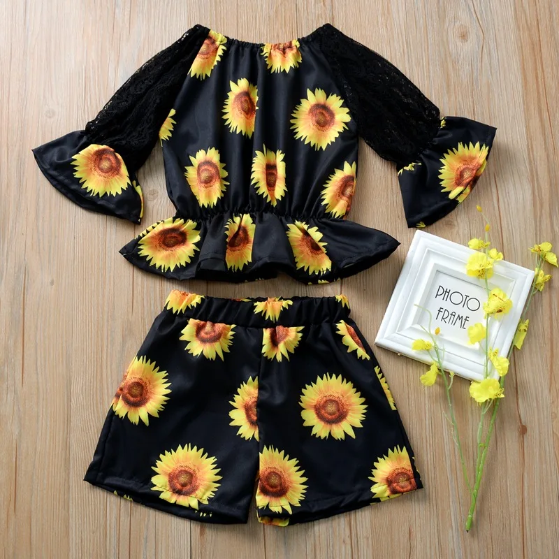 Lucu Bunga Matahari Bell Bottom Lengan Top Celana Pendek Untuk 1 6t Hitam Putih Warna Musim Panas Bayi Balita Gadis 2 Pcs Pakaian Set Buy 2020 Musim Panas Bayi Balita Gadis 2