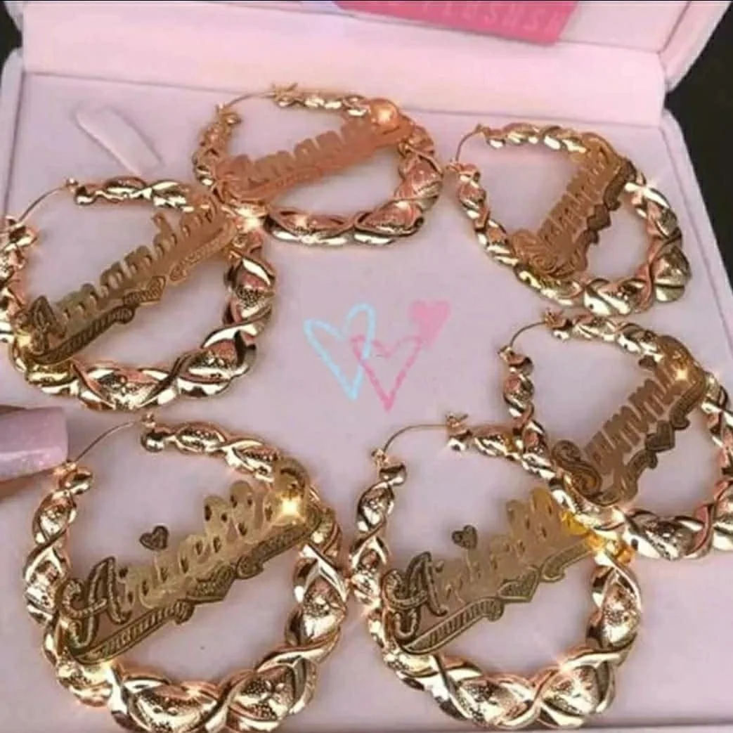 

14k 18k gold plated xoxo heart shape custom name bamboo hoop earrings wholesale
