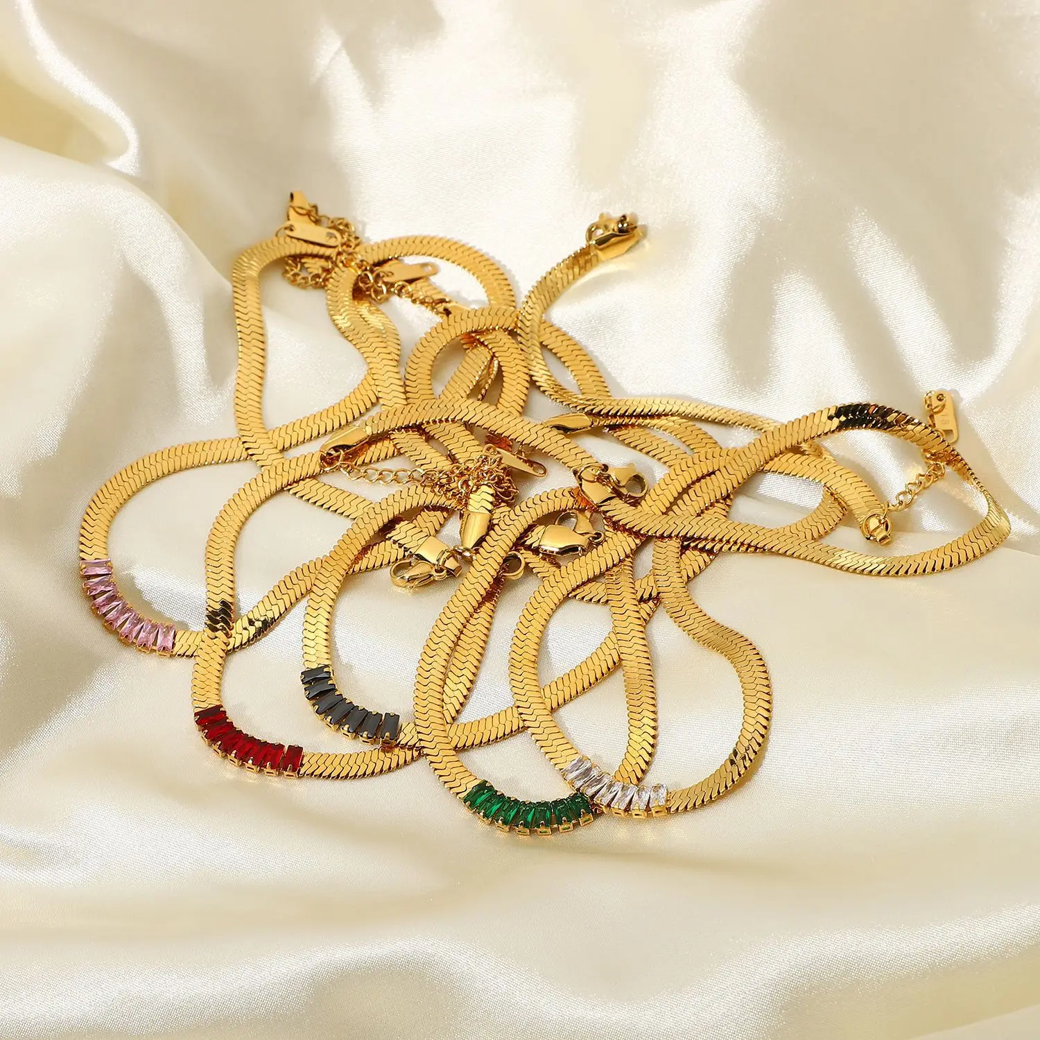 

Trendy mens women waterproof stainless steel snake chain gold cubic zirconia emerald diamond tennis chain necklace choker