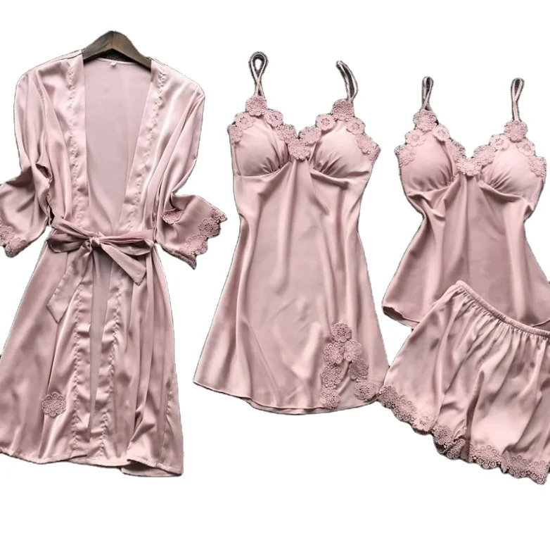 

2021 New 4 Pieces Pajamas Set : Night Gown, Long Dress, Short Dress And Pants Womens Loungewear Girl Sleepwear Pajama, Assorted color