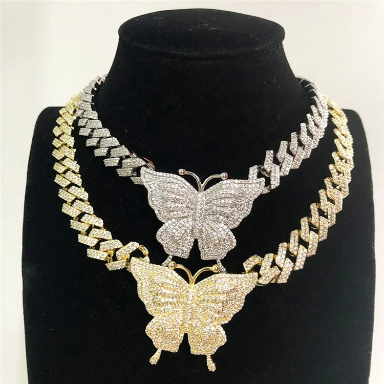 

Fashion European And American Hip-Hop Wild Zircon Clavicle Chain Cuban Chain Butterfly Necklace, Silver, gold