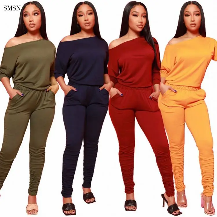 

New Trendy 2021 Solid Color Slash Neck Long Sleeves Designer Tracksuit Casual Two Piece Sport Jogging Sets