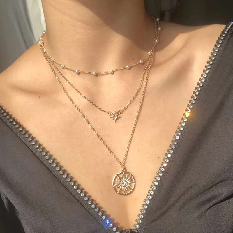 

Trendy Dainty Peal Chain Necklace Sun Pendant Butterfly Multiple Layered Necklace for Women Jewelry 2021, Gold