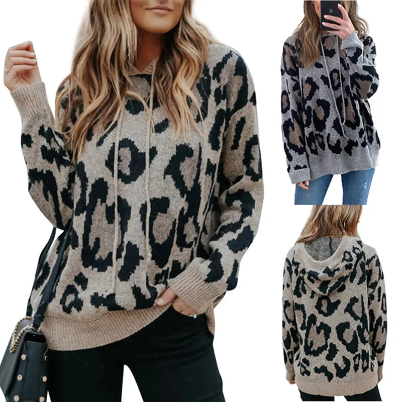 

2021 Casual Leopard Print Knit Long Sleeve Jumpers Women Hoodie Sweater