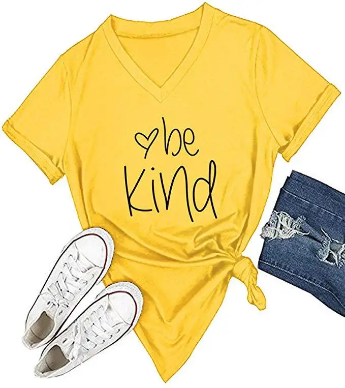 

Ladies' top BE KIND letter printing casual loose V-neck short-sleeved t-shirt