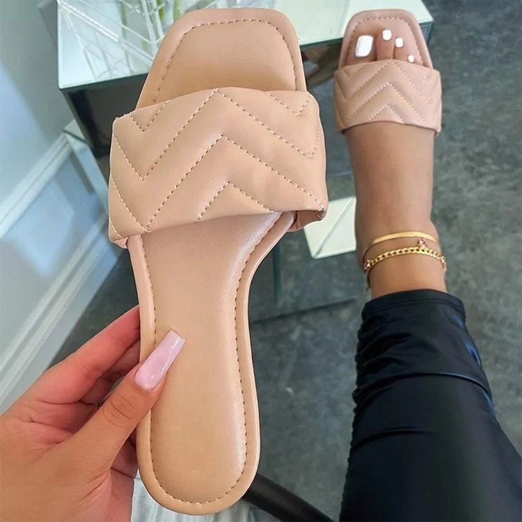 

Summer 2021 Women Square Open Toe Slippers Casual Flat Sandals Ladies Leather Slippers, 3 colors