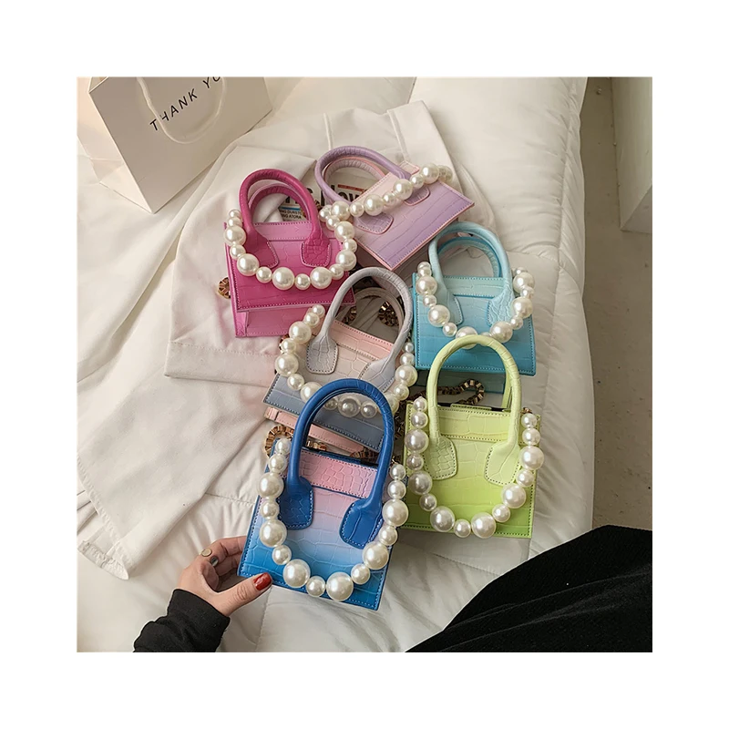 

Luxury Pearl Chain Crossbody Bag Summer Women Designer Hand Bags Mini Gradient Square Bags Crocodile Pattern Purses And Handbags
