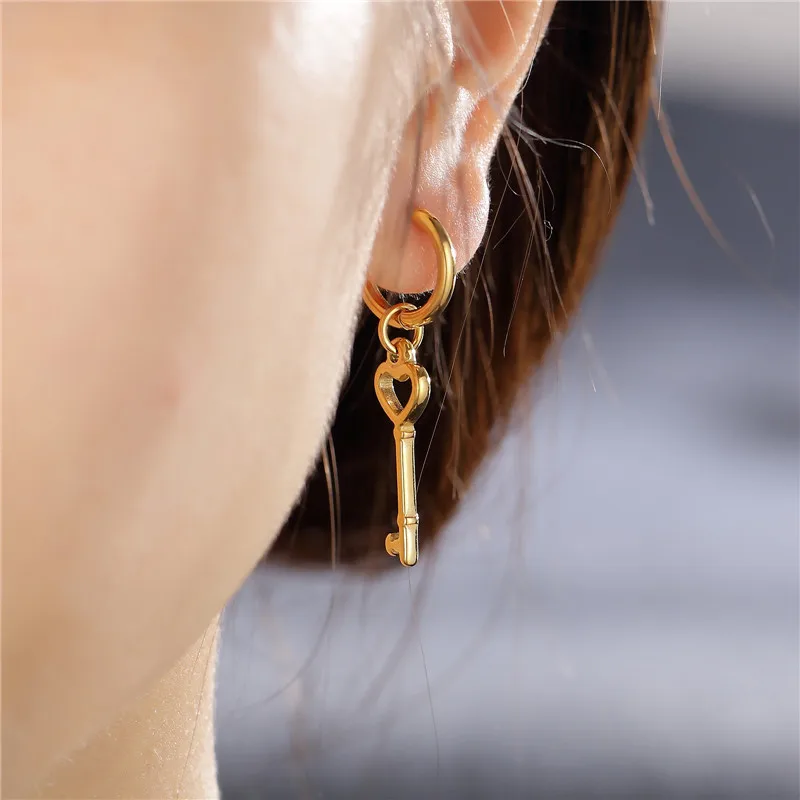 JewelryWe Pair of Mens Womens Stainless Steel Stud Hoop Huggie Star Moon Dangle Charms Earrings Hinged Earring Set
