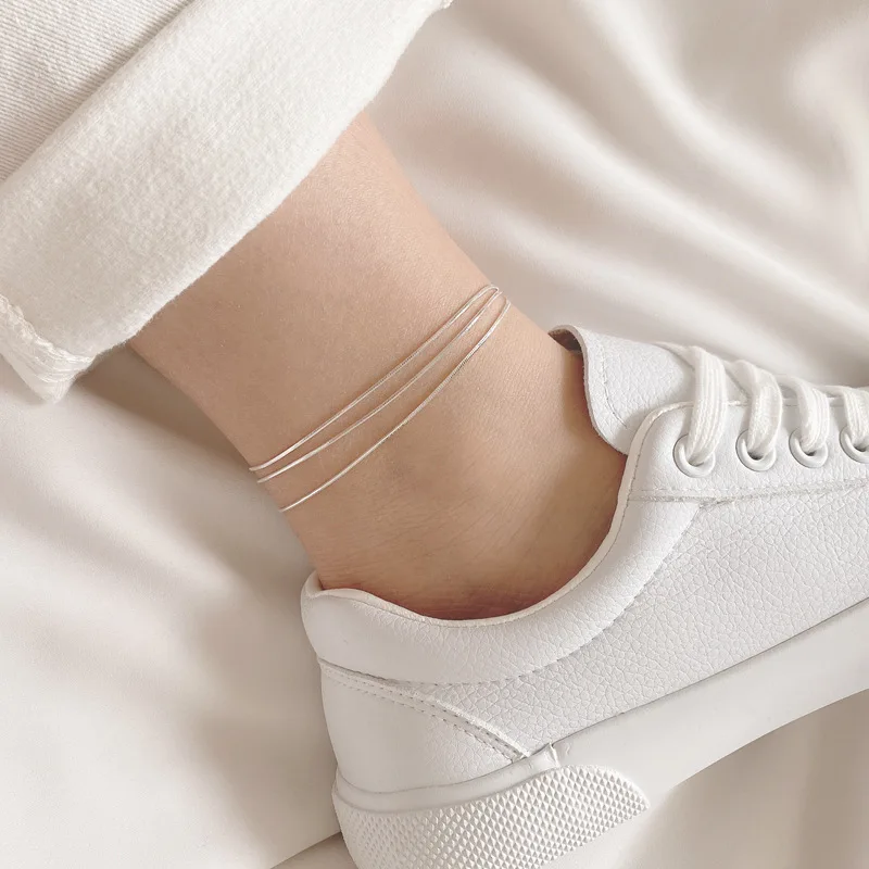 

ENSHIR Fashion Minimalist Style Three Layers Snake Chain Anklet for Women Summer Jewelry, Customized color