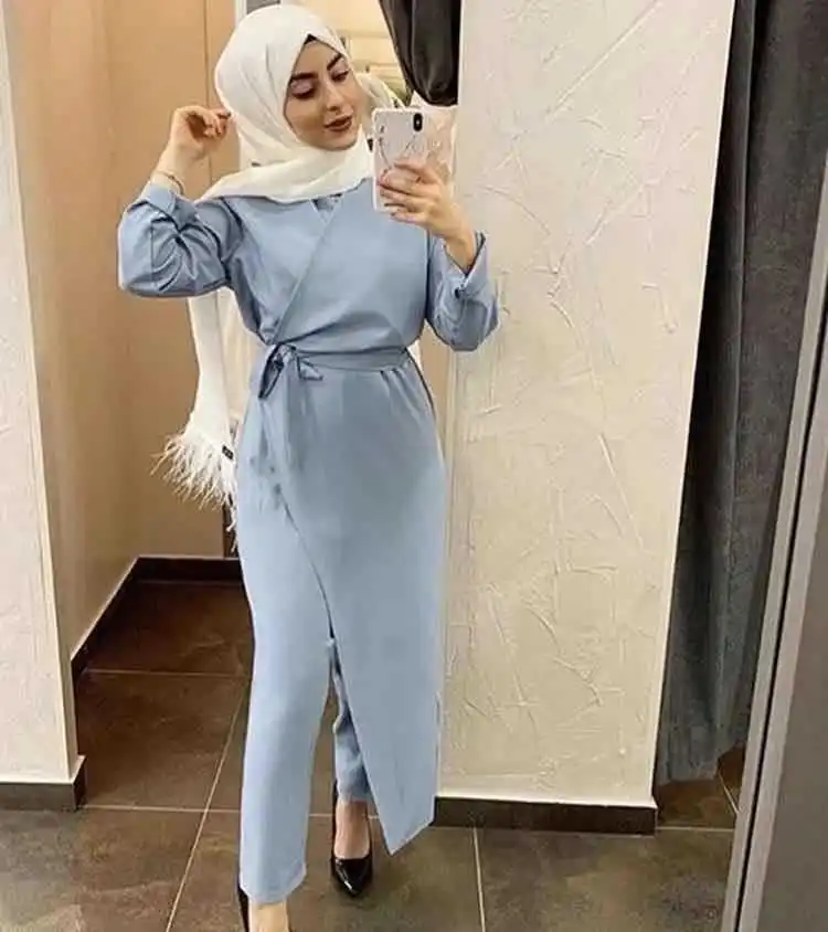 2022 new Muslim women's solid color long drawstring jumpsuit light elegant plain long dress