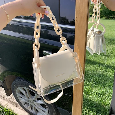 

summer clear jelly crossbody bag girls shoulder bag thick chain handbag for women, White/green/purple/black