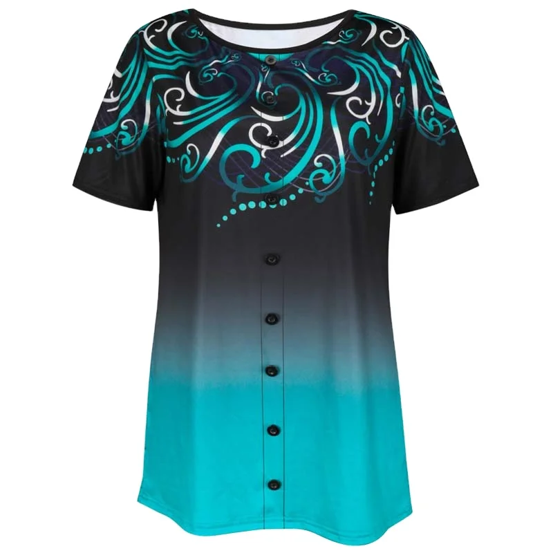 

Women O-neck Button Casual Short Tshirts Plus Size Print Summer Tshirt
