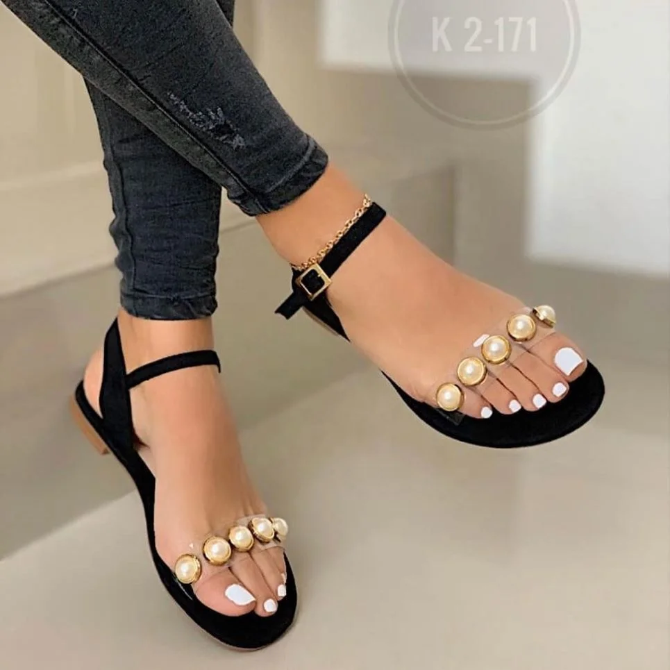 

Women's sandals new summer 2020 comfortable flat bottomed women's shoes pearl decorative buckle sandals drop shipping, White, black, gold