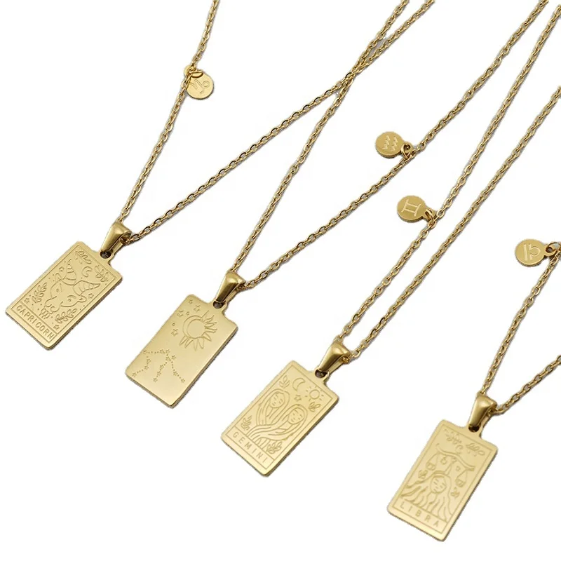

2022 New Style Fashion Woman 18k Gold Plated Jewelry 316L Stainless Steel Rectangle Pendant 12 Constellations Zodiac Necklace