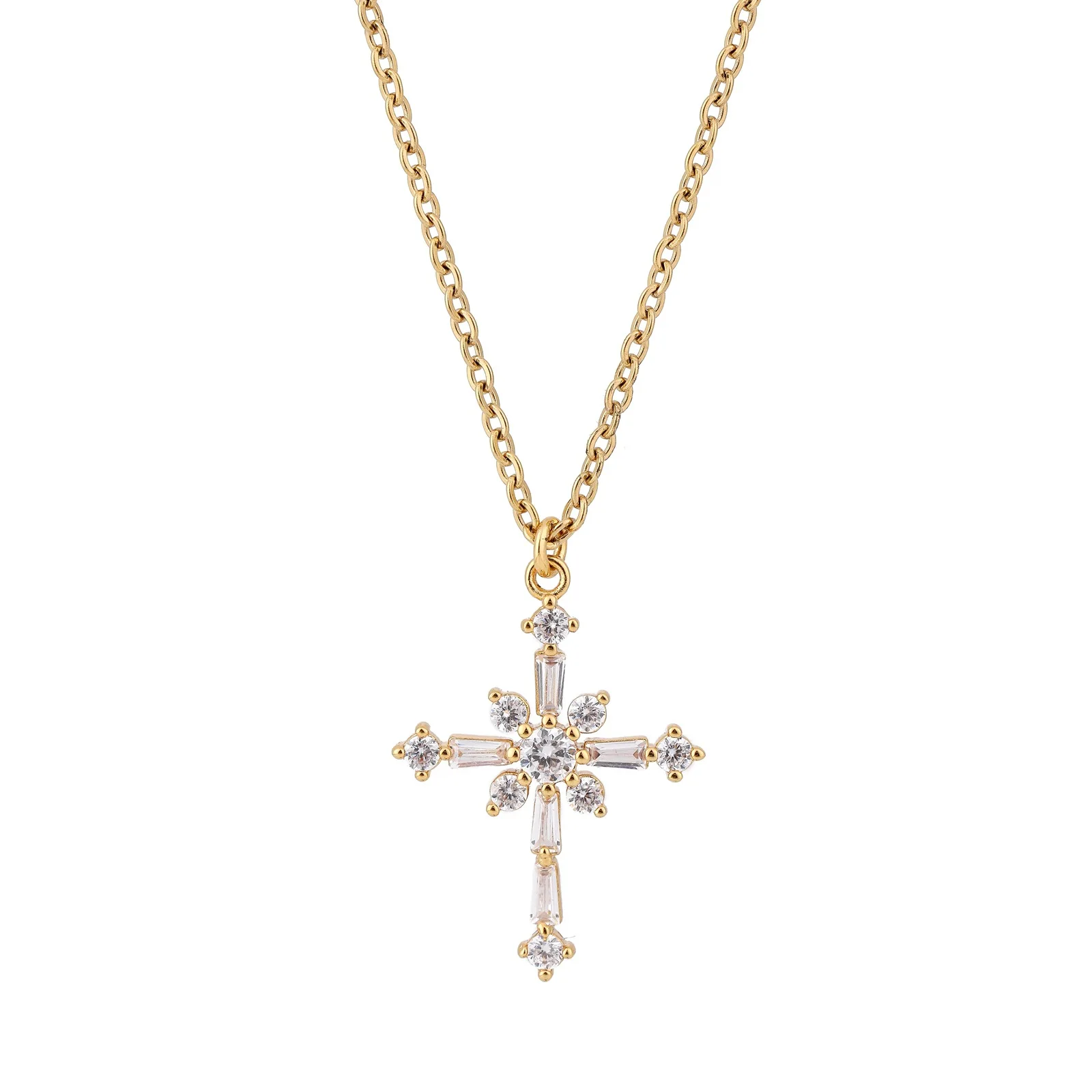 

Fashion Design 18K Gold Plated Virgin Mary Crucifix Cross Pendant Necklace Bijoux Croix FIGARO Chain Brass Plating Real Gold T/T