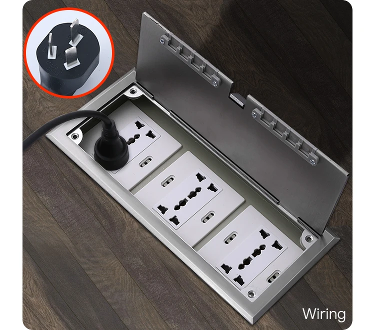 Three commercially customizable stainless steel open floor socket boxes