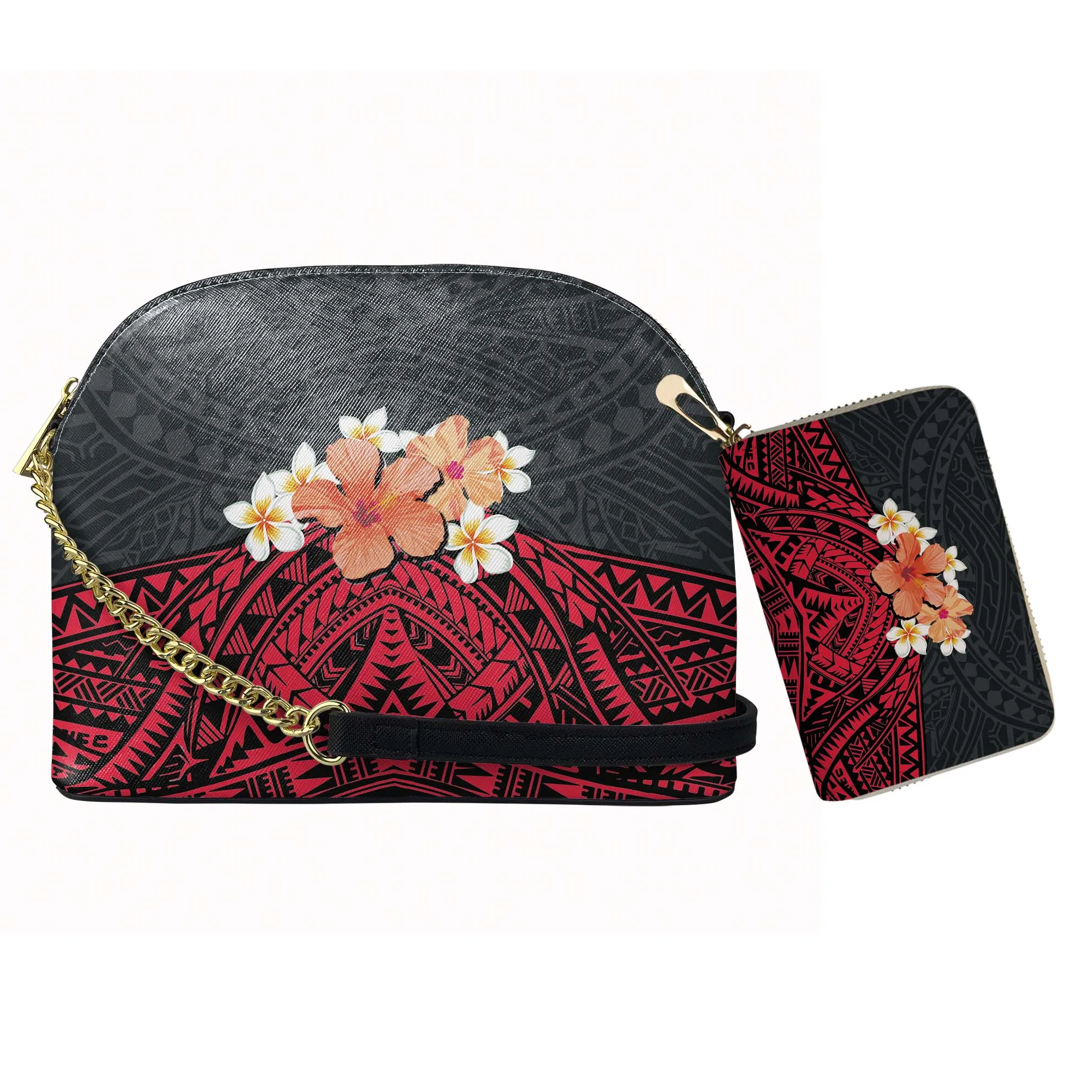 

New Arrivals Polynesian Tribal Hawaiian Flower Printed Designer Luxury PU Leather Chain Small Purses And Card Bags Set Custom