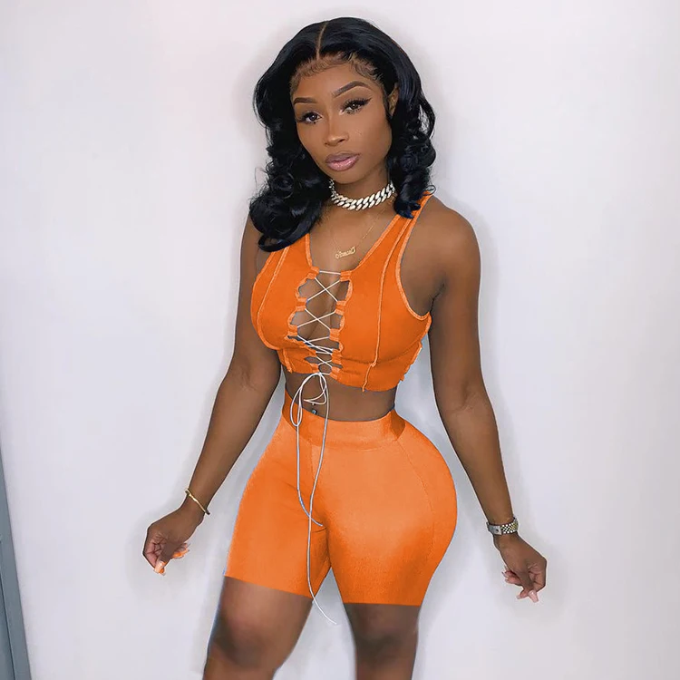 

Sexy Trendy Outfit For Women Casual Summer Lace Up Two Piece Pants Set Cropped T Shirt And Shorts Set, Orange,rose red,blue