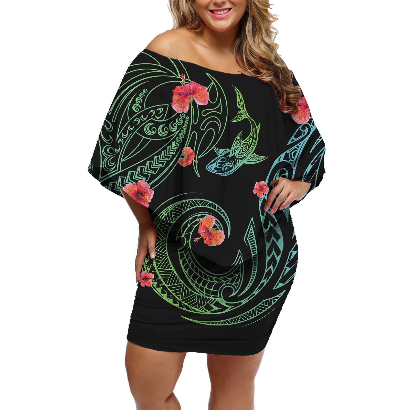 

Vintage Polynesian Flower Print Party Dress Short Seleeve Summer Maxi Dresses Women Casual High Quality Bodycon Fashion Dress