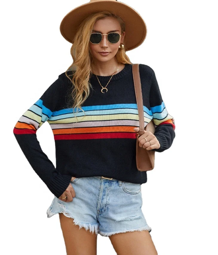 

Hot selling autumn winter crew neck rainbow stripe slim fit knitted jumper sweater, As picture