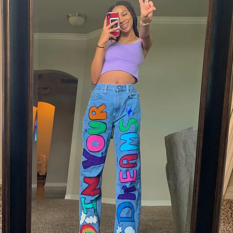 

Fall high waist causal long trousers denim pants 100% cotton chinos cartoon printed loose jeans women, Picture color