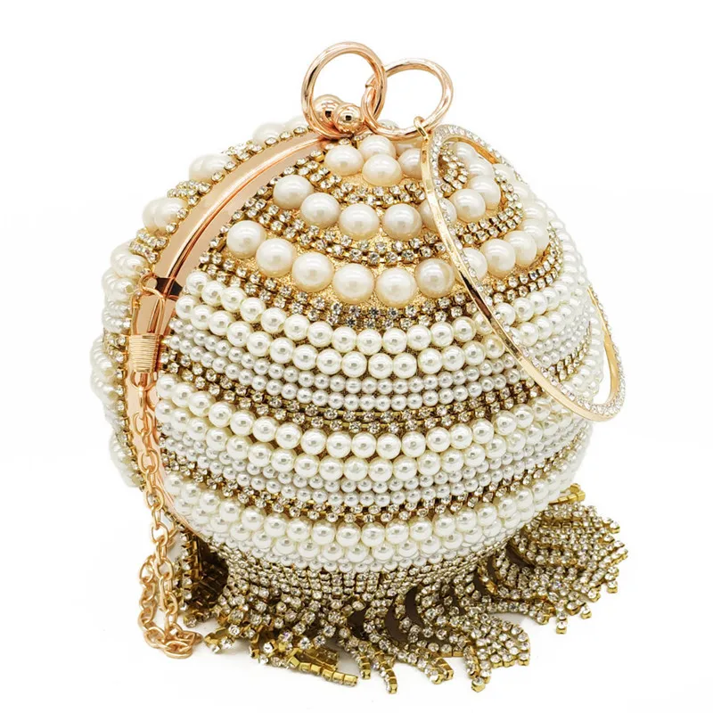 

Luxury Diamond Tassel Beaded Handbags Full Pearl Wedding Party Purse CrossBody Round Ball Shaped Evening Women Clutch Bags 2020, 2colors