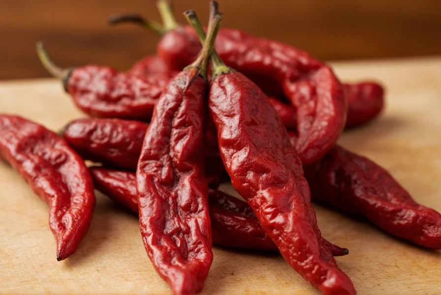 Close-up of dried ancho peppers showing their wrinkled texture and deep red color on wooden cutting board