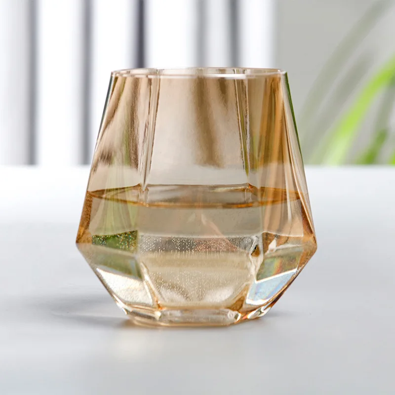 

Creative Diamond Hexagonal Transparent Glass Whiskey Cocktail Beer Glass, Clear, gold rim, amber,grey. colored