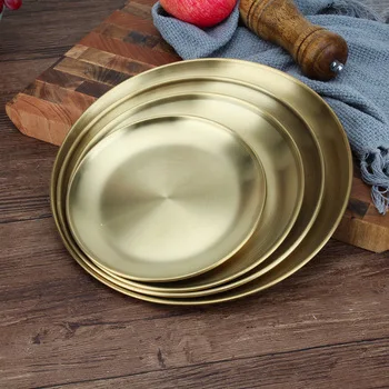 

Amazon Hot Sale Round Plate Stainless Steel Unbreakable Dinner Plate Durable, Silver,gold
