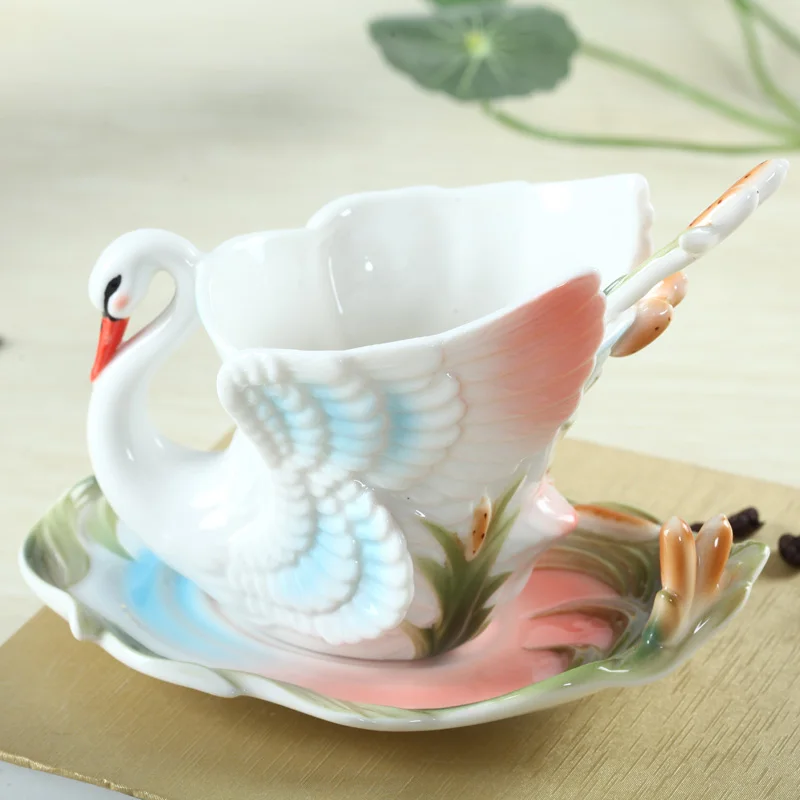 

Swan Shape Creative 3d Design Ceramic Cup Enamel Coffee Cup Porcelain Tea Cup And Saucer Spoon, White