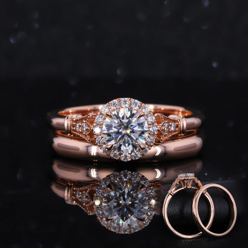 

Starsgem round cut custom 10k solid gold ring set moissanite ring engagement rose gold