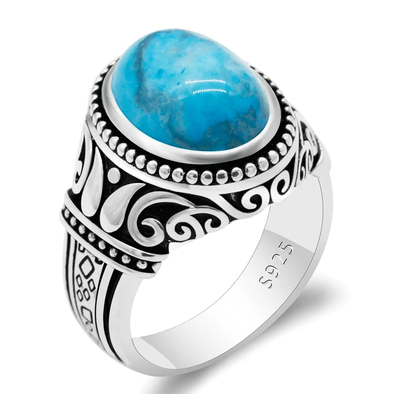 

Male Ring 925 Sterling Silver Natural Turquoise Stone Men Rings Retro Turkish Handmade Thai Silver Jewelry to Man Women Gift