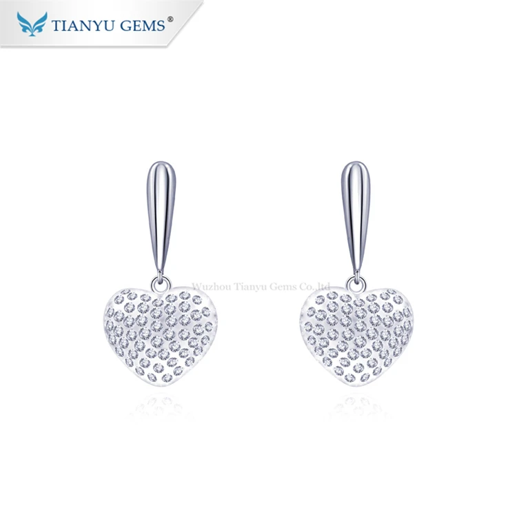 

Tianyu Gems Gold Jewelry Earring White Moissanite Charm Wholesale 10K White Gold Heart Pendant Earrings