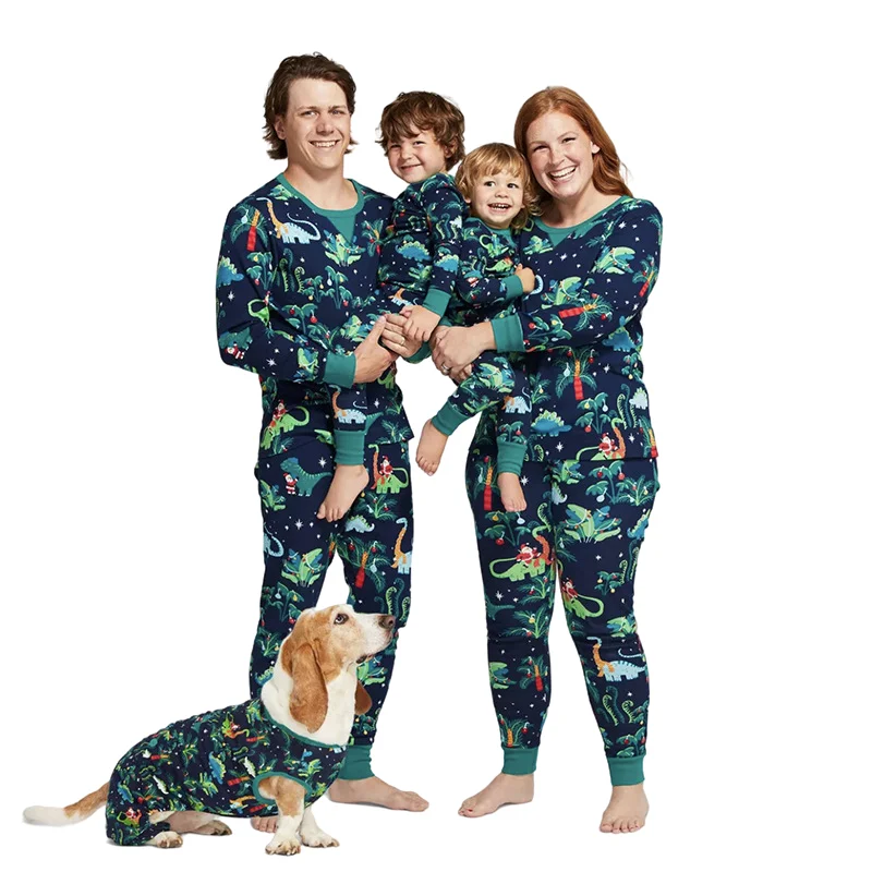 

Wholesale cotton christmas pjs family 2021 dog kids christmas pajamas dinosaur print christmas matching family pajamas, Picture shows