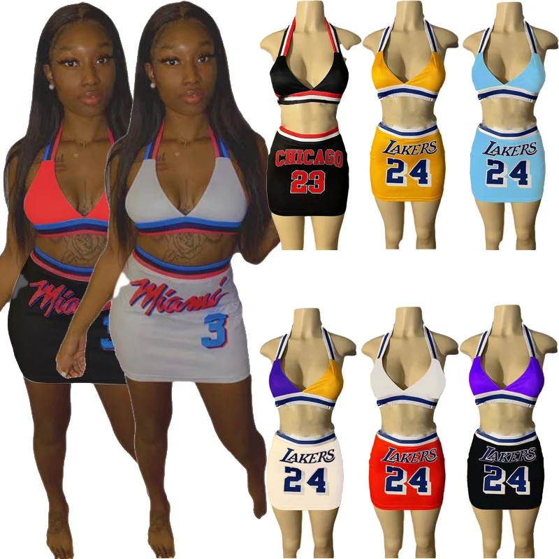 

2021 Fashionable Jersey Dress Halter Bra Women's Skirts Summer Two Piece Set Girl's Dresses Woman 2 Piece Skirt Set