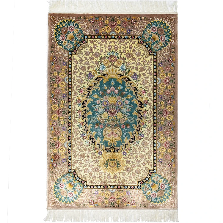 

Yellow color persian design rug handmade silk carpets prayer rug